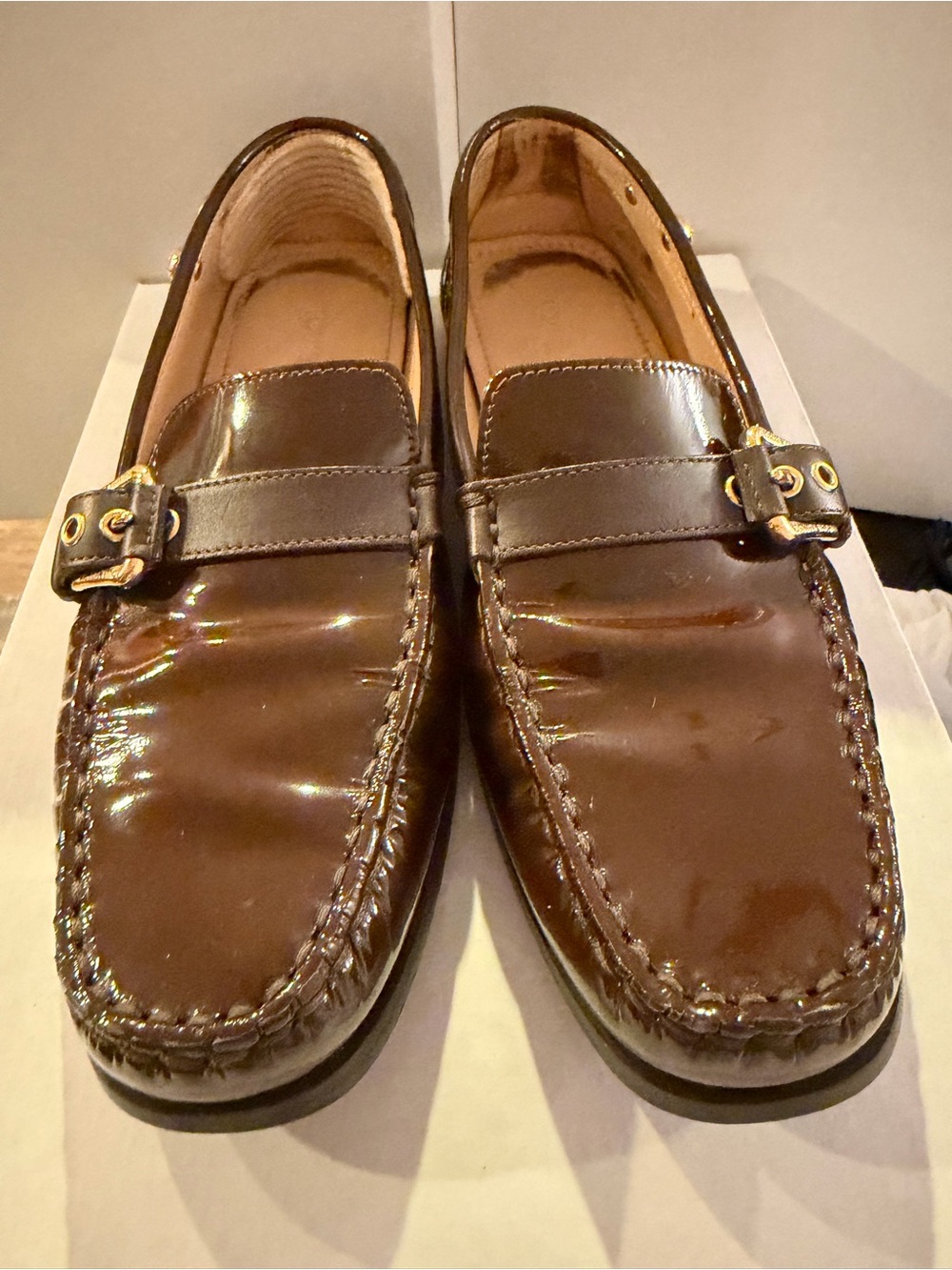 Louis Vuitton Brown Patent Leather Women’s Loafers with Gold Buckle Detail